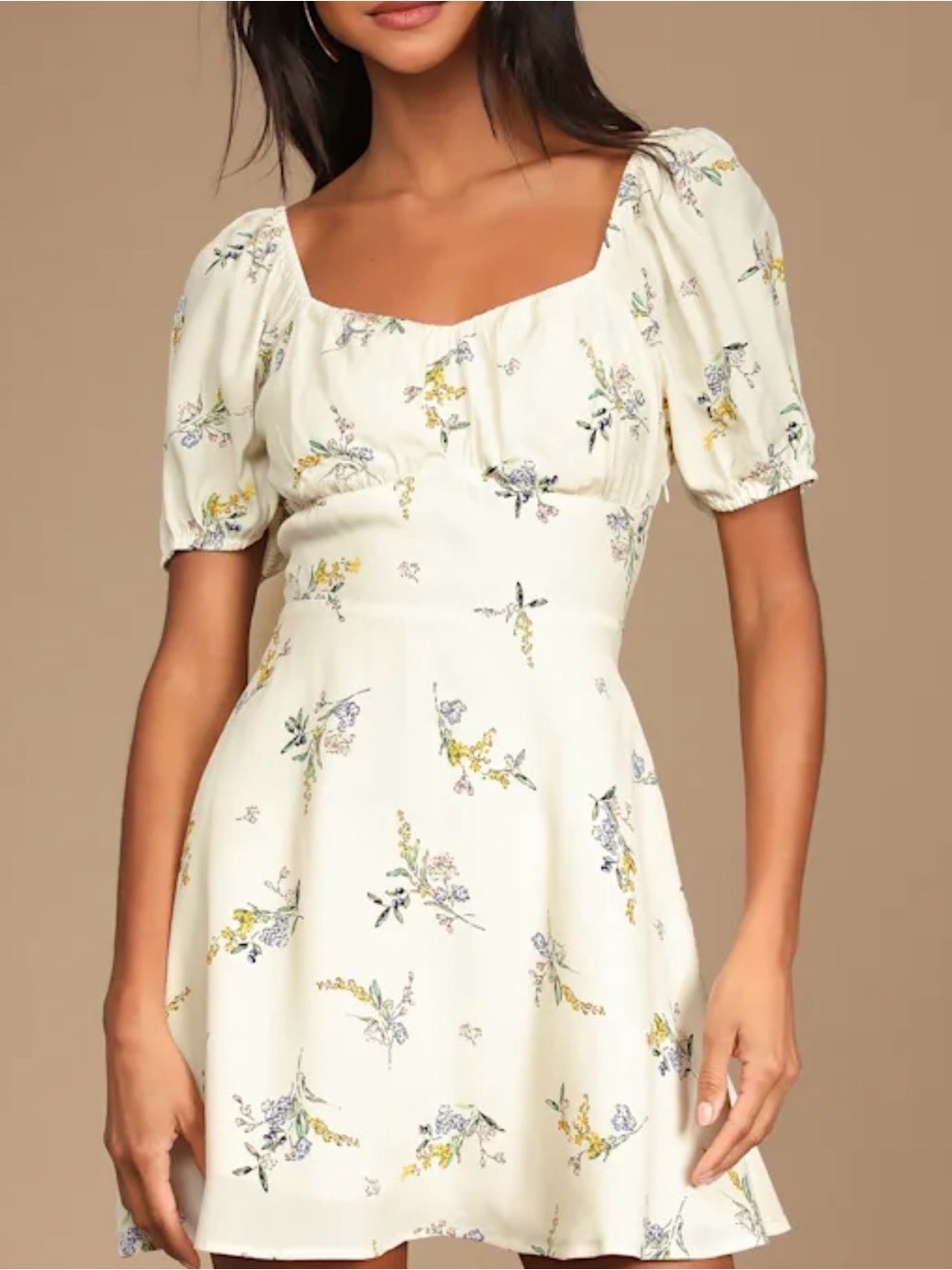 Lulus Womens Darling Daydreams Cream Floral Puff Sleeve A-Line Mini Dress SizeXS